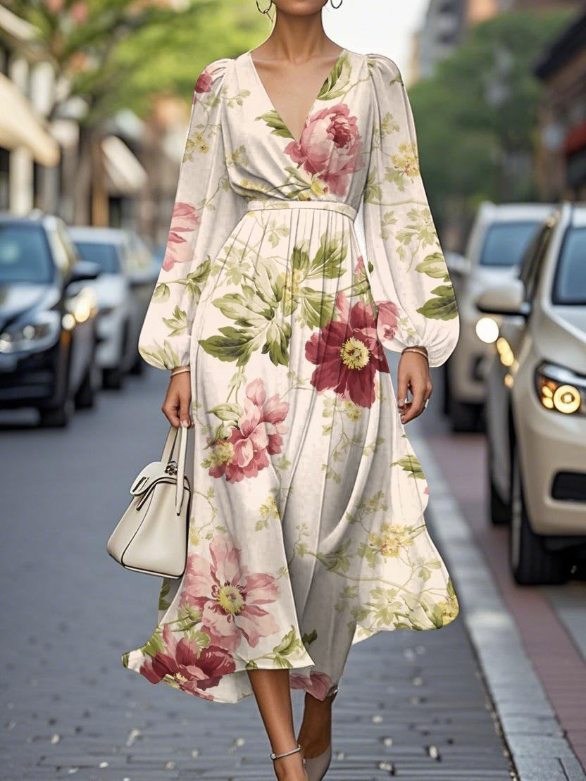 Vestido midi floral con escote en V