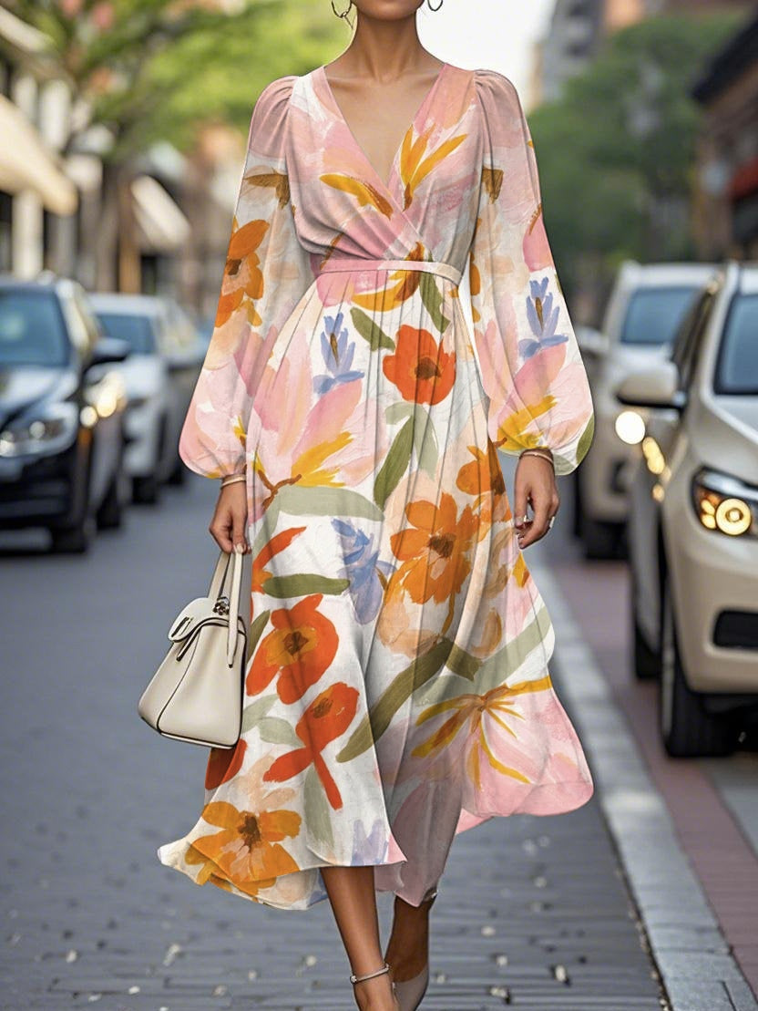 Vestido midi floral con escote en V