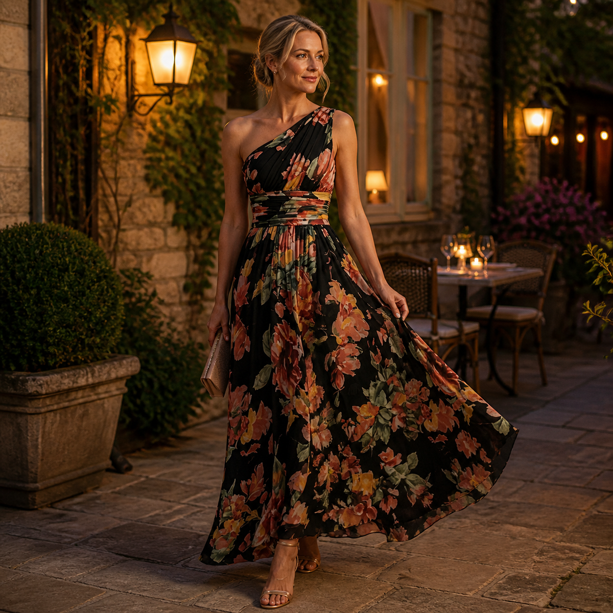 Vestido largo floral de un solo hombro