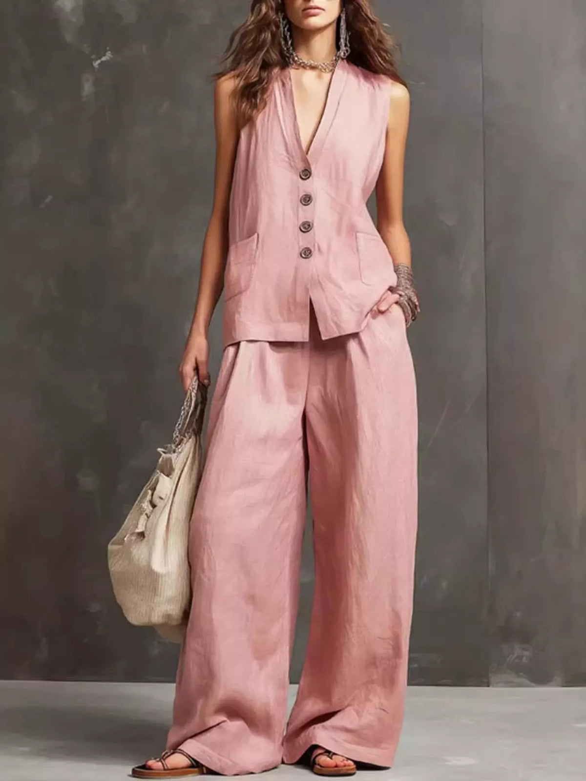Conjunto de Chaleco sin Mangas y Pantalones de Pierna Ancha