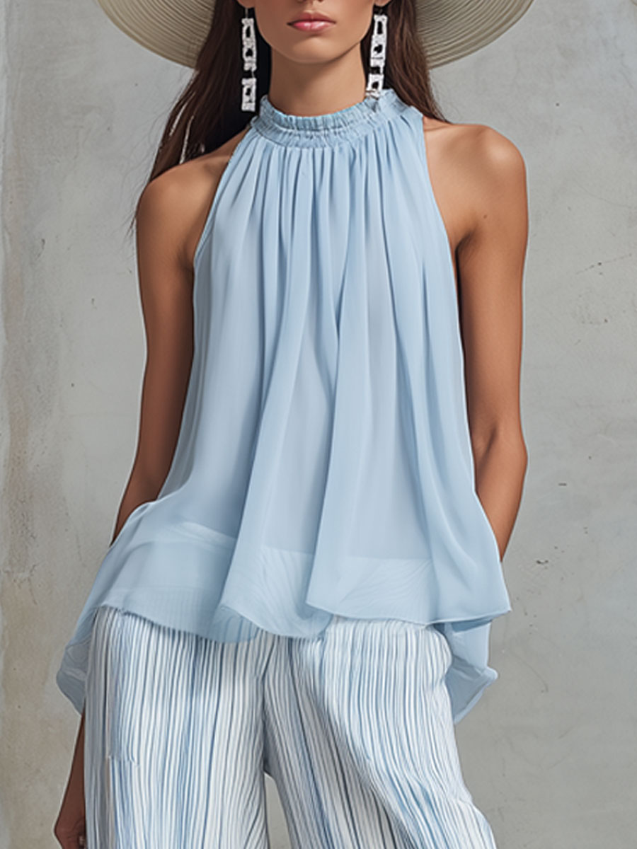 Conjunto de Pantalones de Gasa Azul Costero